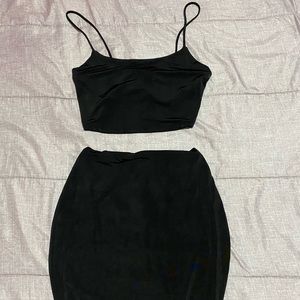 Black two piece silky skirt set